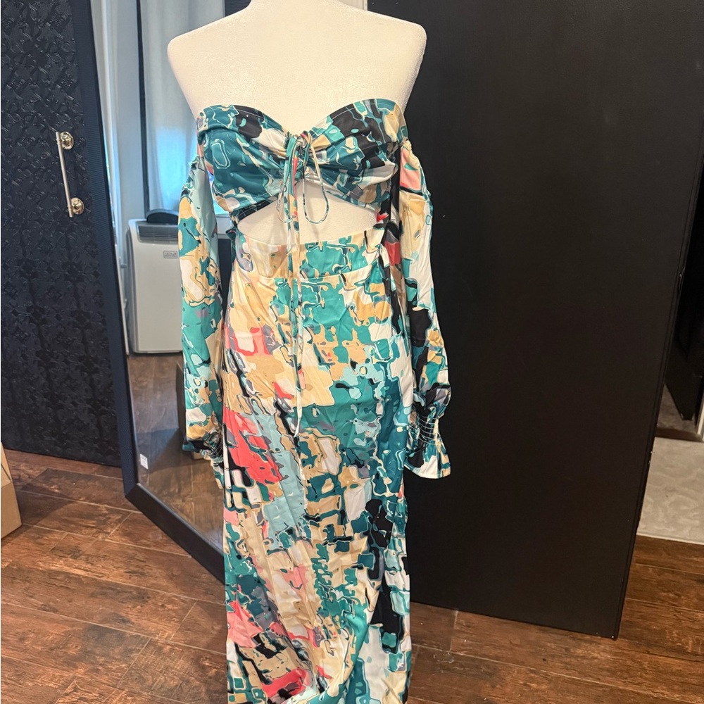 Abstract Print Two-Piece Maxi Set in Teal & Coral